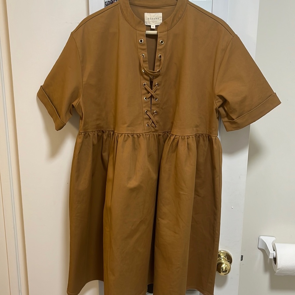 Sezane Camel Brown Lace-Up Midi Dress